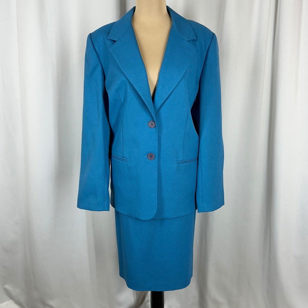 Leslie Fay Haberdashery Petite Blue Skirt Suit 2 Pc Set Size 16P Career